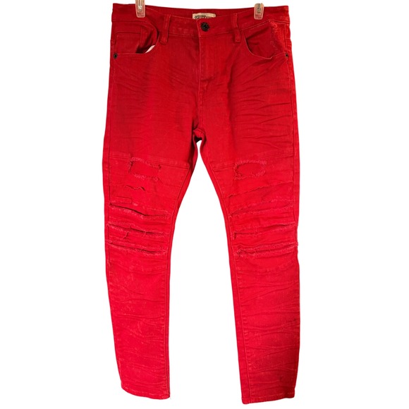 Smoke Rise Extra Tough Red Distressed Moto Jeans Mens Size 32x32 - Picture 1 of 11